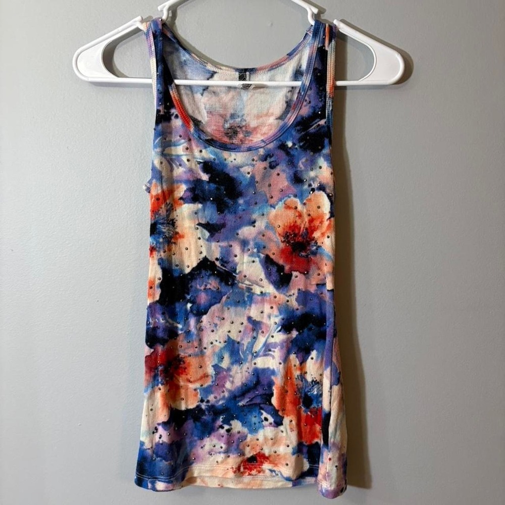 BKE‎ Boutique Floral Rhinestone Ribbed Tank Top Y2K